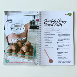 "Yum! Protein-Packed Smoothies & Snacks for Chocolate Lovers" Cookbook, open to page 28 