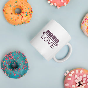 Mama Love "Coffee Protein Cake" Mug, 11 ounce capacity, on a table with donuts