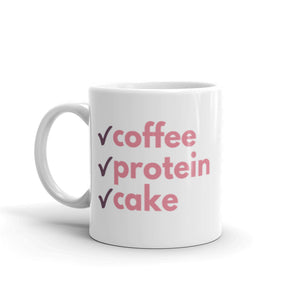 Mama Love "Coffee Protein Cake" Mug, 11 ounce capacity, shown with handle on the left
