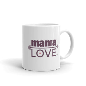 Mama Love "Coffee Protein Cake" Mug, 11 ounce capacity, shown with handle on the right 