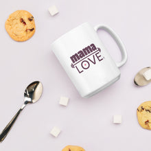 Load image into Gallery viewer, Mama Love &quot;Coffee Protein Cake&quot; Mug, 15 ounce capacity, on a table with cookies, sugar cubes, and a spoon