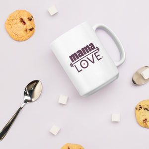 Mama Love "Coffee Protein Cake" Mug, 15 ounce capacity, on a table with cookies, sugar cubes, and a spoon