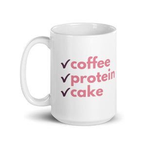 Mama Love "Coffee Protein Cake" Mug, 15 ounce capacity, shown with handle on the left