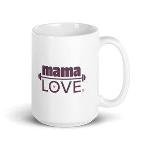 Mama Love "Coffee Protein Cake" Mug, 15 ounce capacity, shown with handle on the right 